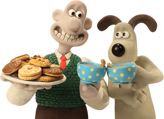 wallace and gromit holding a plate of biscuits and mugs of tea