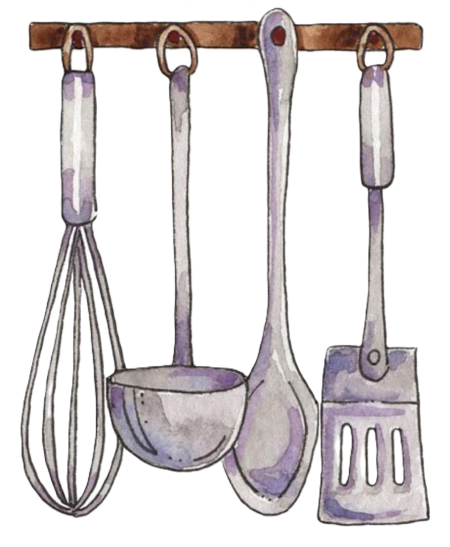 cooking utensils hanging from hooks